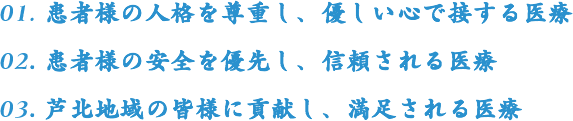 01.患者様の人格を尊重し、優しい心で接する医療 02.患者様の安全を優先し、信頼される医療 03.芦北地域の皆様に貢献し、満足される医療